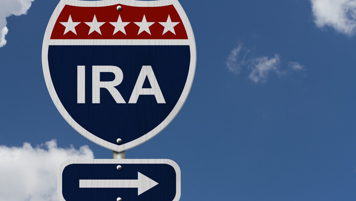 American IRA Highway Road Sign, Red, White and Blue American Highway Sign with words IRA with sky background